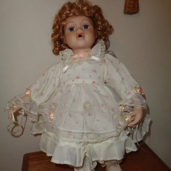 Blowing Bubbles Porcelain Doll with Wand & Bubbles and Seat To Sit On 15 Inch - Picture 10 of 10
